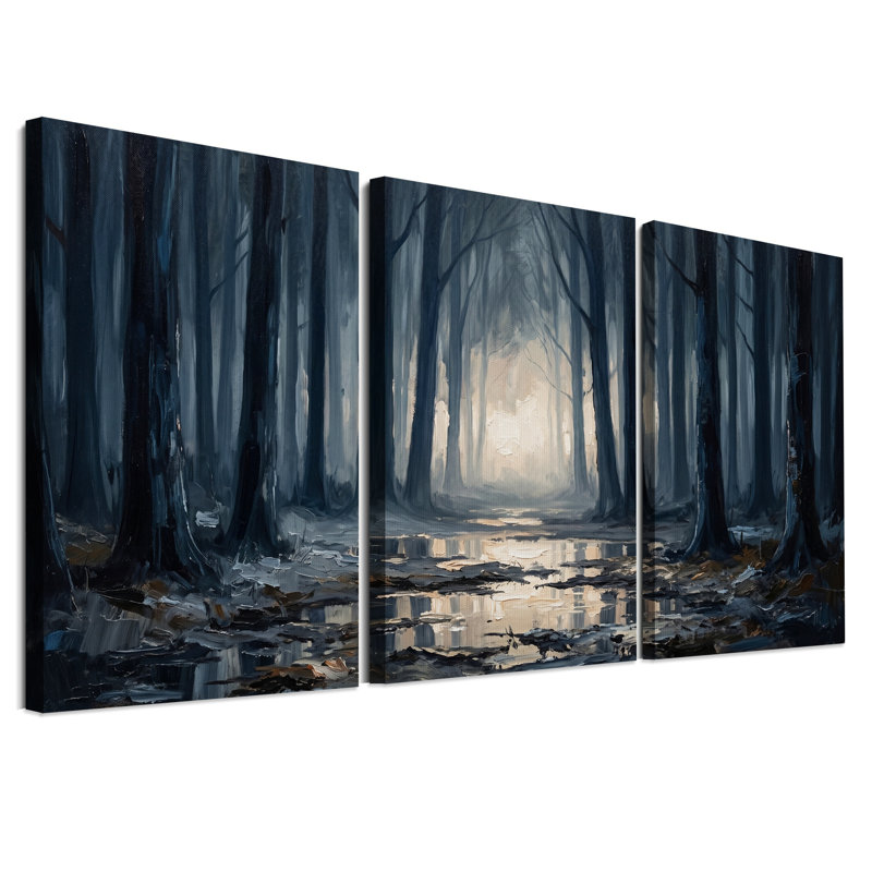"Dark Forest Forest Path" avec ensemble de 3 toiles d'art, H 36 po x l 24 po x 3 pièces