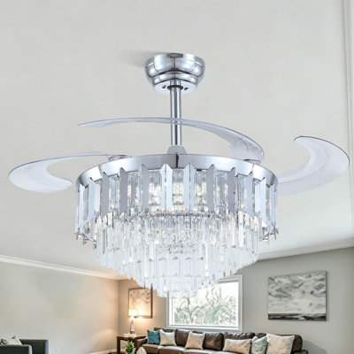 48" Retractable Crystal Ceiling Fan With Led Lights and Remote Control
