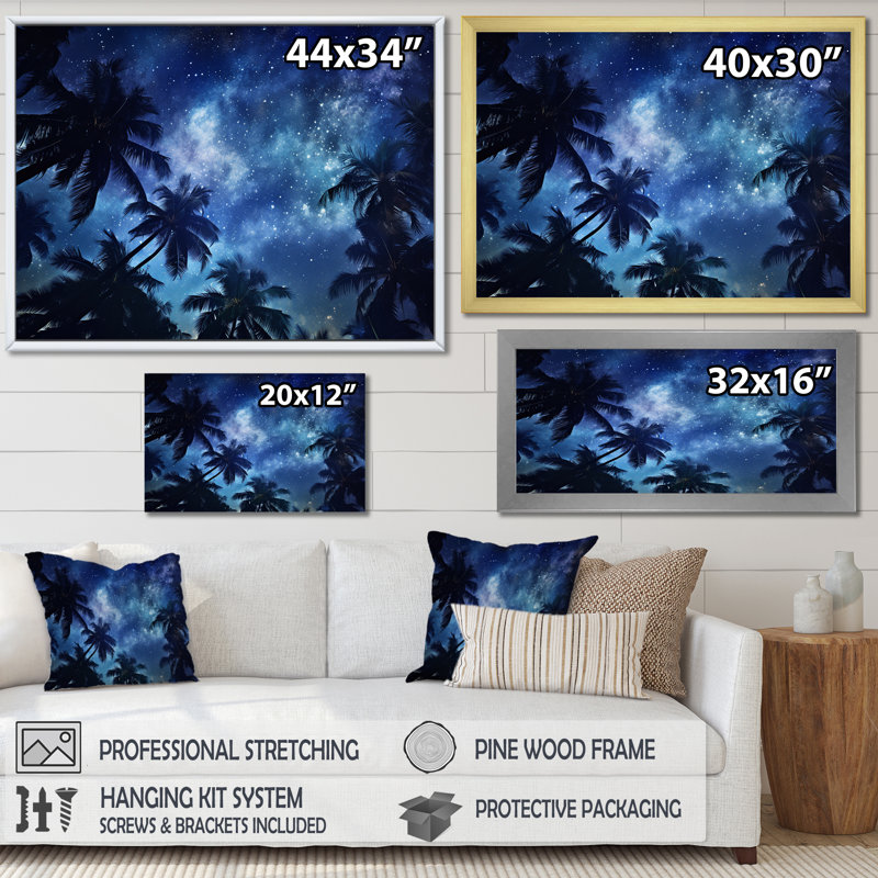 «Sapphire Magical Palm Tree Night I», reproduction sur toile, H 30 po x l 40 po x P 1,5 po, Cadre naturel flottant