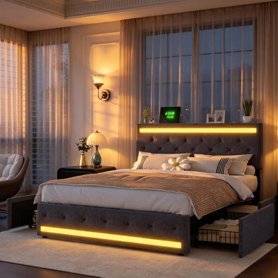Upholstered Bed with Storage Space, Double Bed with LED and USB, Youth Bed with 4 Drawers, Bed Frame with Headboard and Slatted Frame, Gray