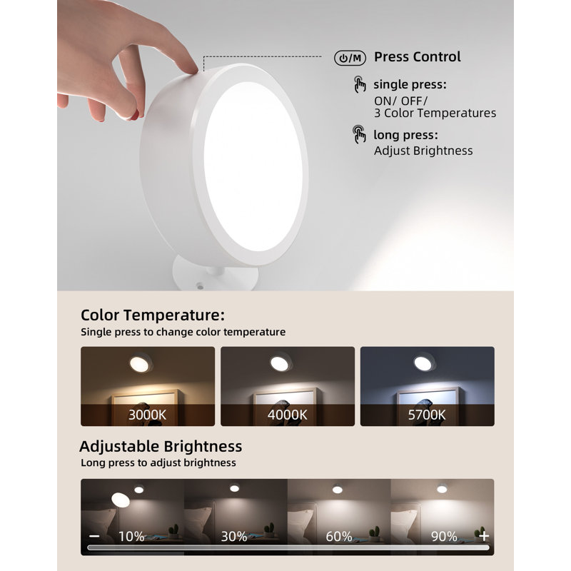 1 Pack Led Wall Mounted Light Wireless With Remote, White