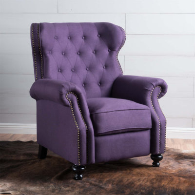 Modern Manual Push Back Recliner Chair with 3-Position Recline, Rolled Arms, Nailhead Trim, and Rubber Wood Legs for Cozy Relaxation