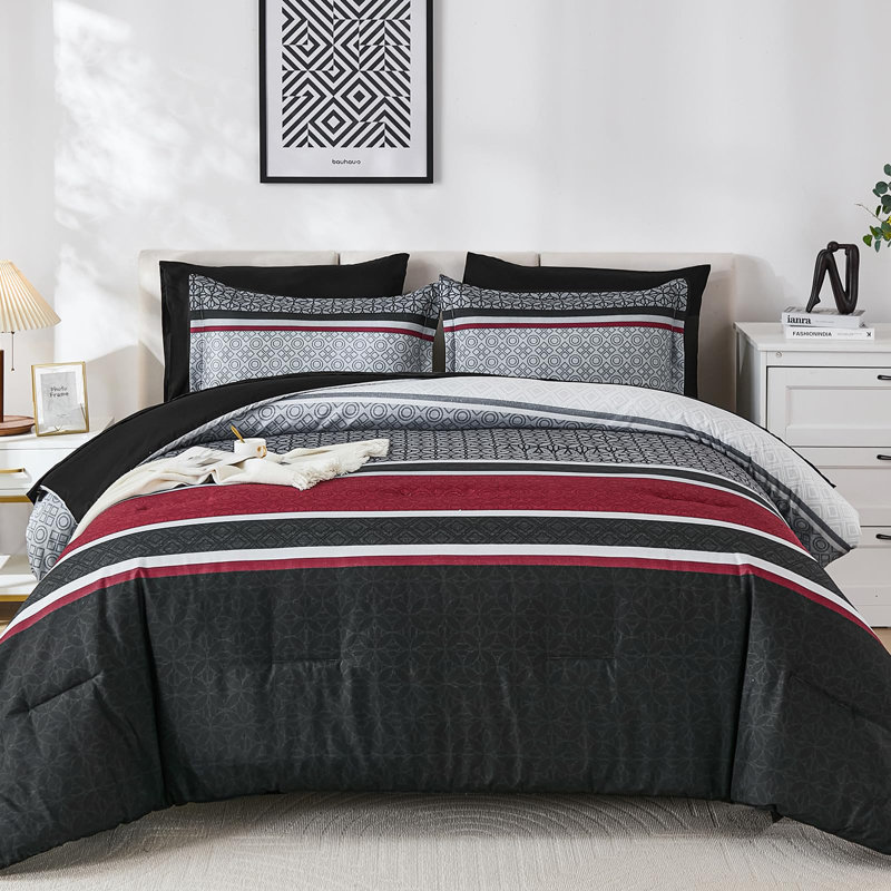 Ensemble d'édredon 7 pièces à patchwork rayé - Literie douce en microfibre légère toutes saisons, Noir / Rouge