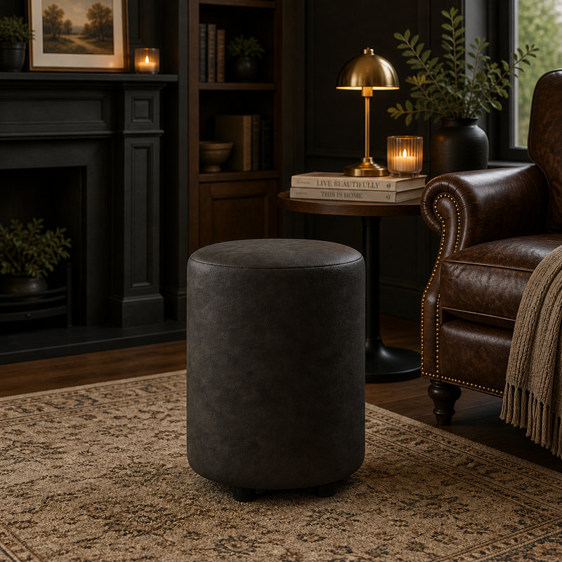 Manufactured Wood Accent Stool, Italian Leather, Black