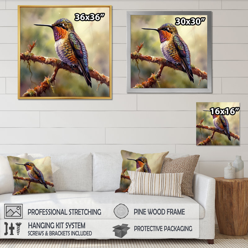 Colibri gracieux III sur toile, H 36 po x l 36 po, Cadre flottant doré