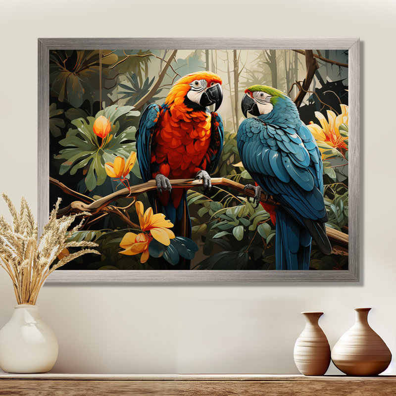«Tropical Parrot Plumage I», art mural grand perroquet, H 30 po x l 40 po x P 1,5 po, Cadre simple argenté