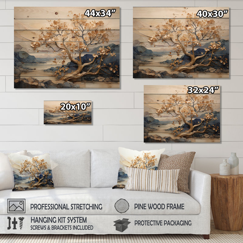 Gilded Beauty Maple Tree I - érable sur bois, art sur bois de pin naturel, H 24 po x l 32 po