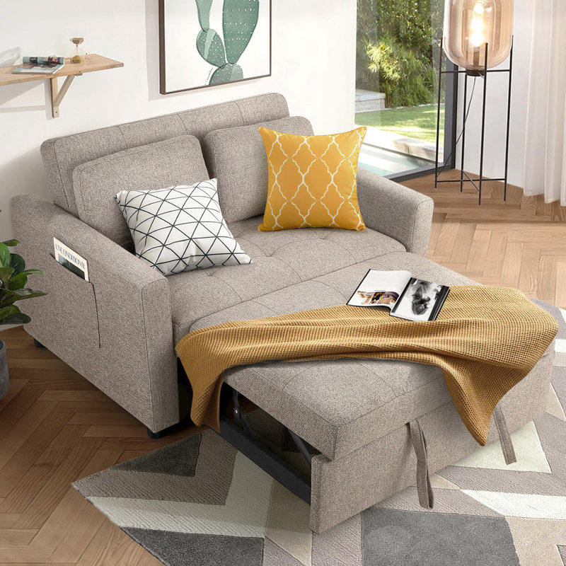 Vadims Upholstered 48.5'' Reclining Sleeper Sofa, Tannish Gray Linen
