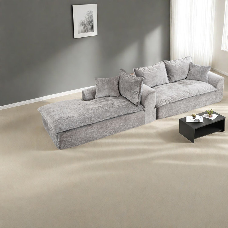 Canapés en chenille gris spacieux, méridienne moderne en forme de L pour le confort du salon