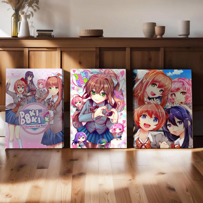 3PCS Wall Arts Posters Framed, Boki Boki Literature Club Plus Anime Decorative Painting Canvas Wall Art for Bedroom Living Room Home Decor, Cute Manga Character Poster Print, Perfect Gift for Anime Fans and Otaku