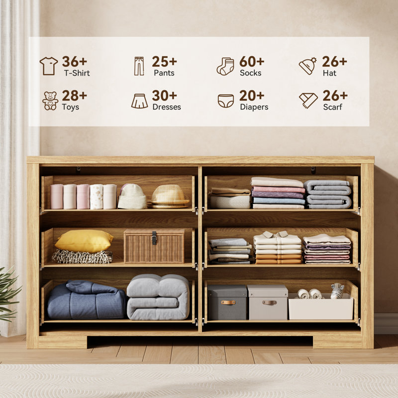 54"W 6-Drawer Fluted Dresser for Bedroom, Modern Storage Dresser Organizer for Living Room