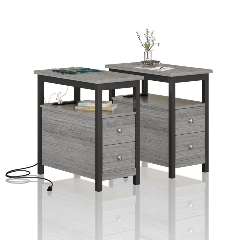Rovanio Solid Wood Top End Table Set, Black/Gray