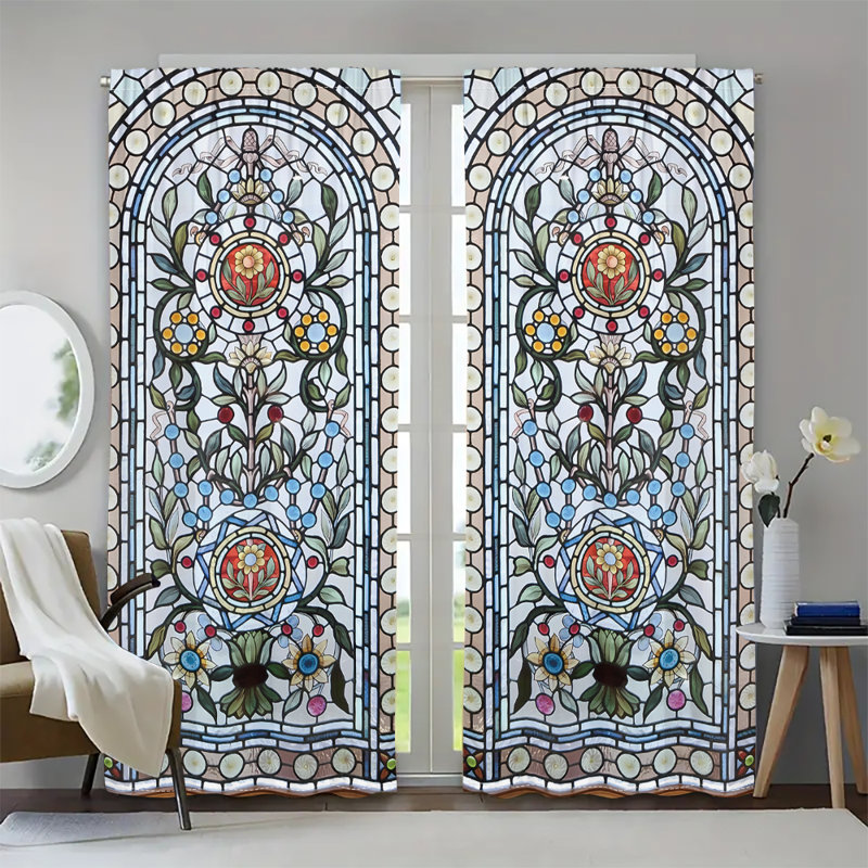 2Pcs Stained Glass Window Curtains Victorian Floral Pattern Vintage Style Rod Pocket Drapes Light Filtering Curtain Panels for Living Room Bedroom Dining Home Decor