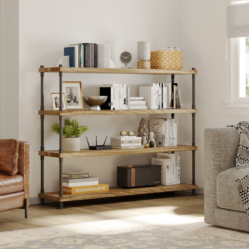 60" X 14" Hanging Pipe Bracket Bookcase, Bookshelf For Living Room, Farmhouse & Boho Decor, 1.5" Ultra Thick Real Wood Boards, 4 Tier, Burnt