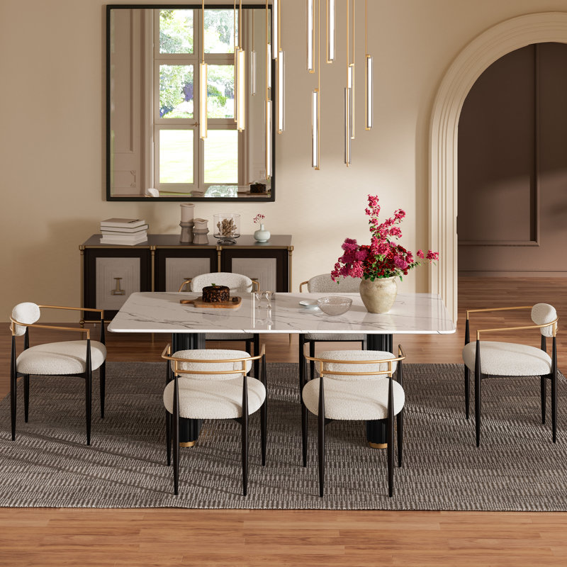 Velora 6-Person Rectangular Double Pedestal Dining Table Set with Bouclé Upholstered Chairs, 7 Pieces: Table, 6 Chairs, White
