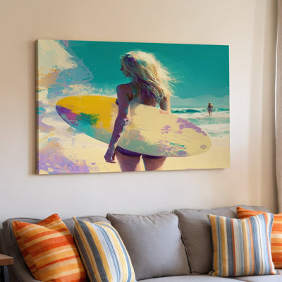 «Surfing Girl Coastal Beach Scene», reproduction d'art sur toile pour le salon, la chambre à coucher, le bureau, le couloir, le vestibule, le mur de la galerie et la décoration intérieure moderne