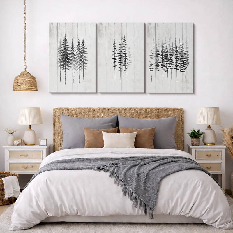 «Black and White Pine Trees Simple Minimalist Neutral Décor», art mural encadré sur toile 3 pièces, H 36 po x l 72 po
