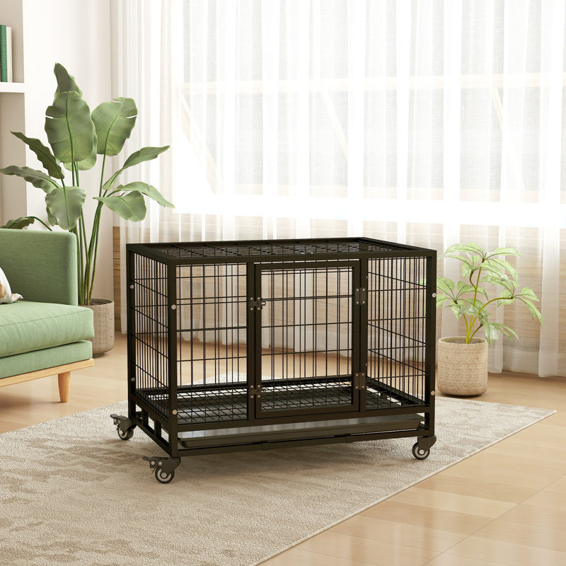 Caisse pour chien robuste 36 "avec plateau amovible, roues verrouillables et porte double, pour chiens de taille moyenne et grande, noir