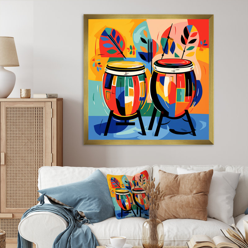 «Mexico Drums Music Instruments IV - Fruits», art mural, H 36 po x l 36 po x P 1,5 po, Encadrement argenté