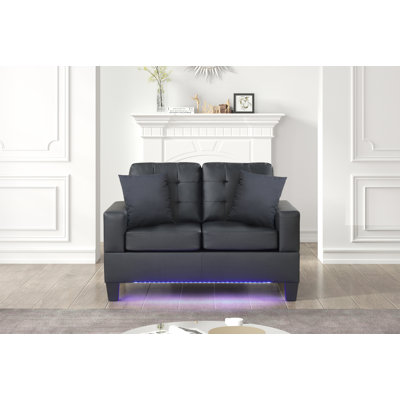 Causeuse en tissu PVC noir l 55,5 po Gemma avec lumières DEL, chargeur USB, coussins capitonnés