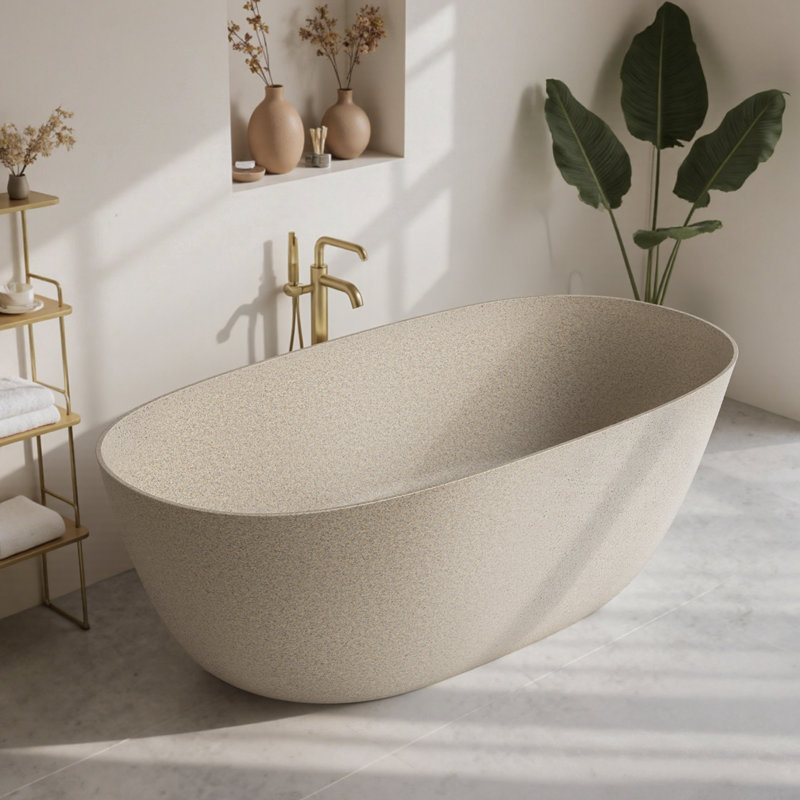 StonePure 61"×30" Freestanding Solid Surface Stone Bathtub, Deep Soaking Tub With Overflow, Pop-up Drain, Marble