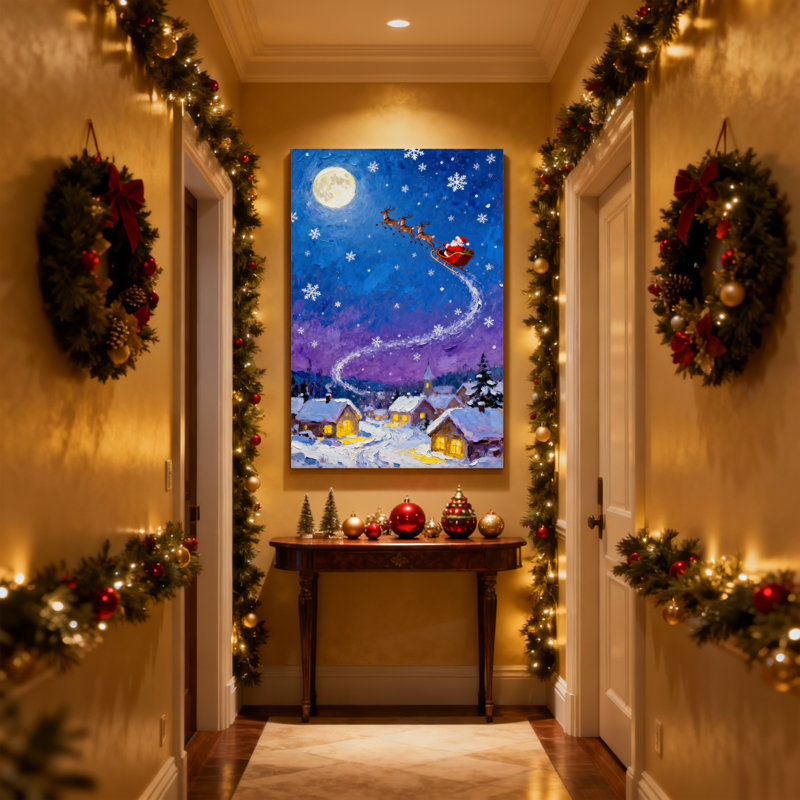 «Christmas Santa Flying Over Snowy Village Night», ensemble de 3 impressions sur toile, H 30 po x l 20 po
