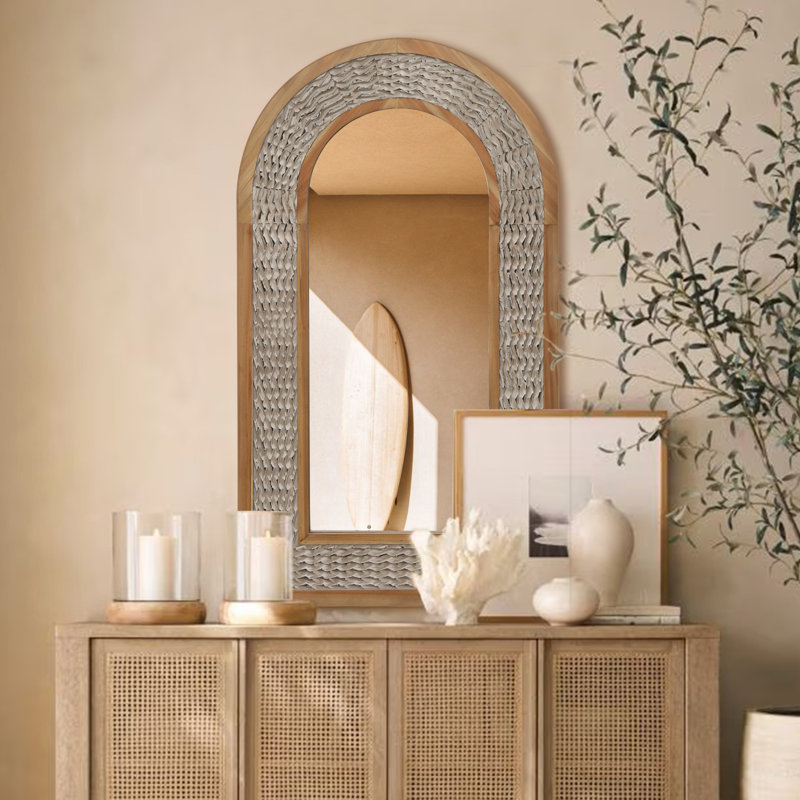 Rustic Arched Wooden Frame Wall Mirror, 46" x 26"