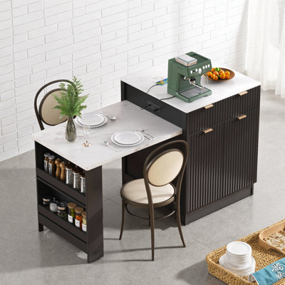 Îlot de cuisine cannelé 82,6 po avec 4 à 6 sièges de table extensibles, prise de courant intégrée et rangement double, noir