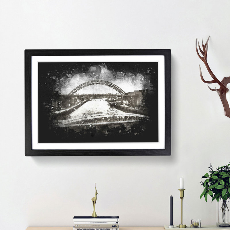 Tyne Bridge Linking Newcastle - Picture Frame Graphic Art Print, 33cm H x 45cm W x 2cm D, Black Framed
