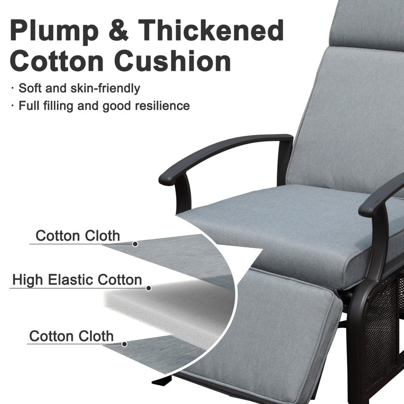 Fauteuil inclinable gris pour l'extérieur avec inclinaison de 150 degrés, coussins de 6,8 po d'épaisseur et siège inclinable à hauteur réglable, conception ergonomique, support de 350 lb
