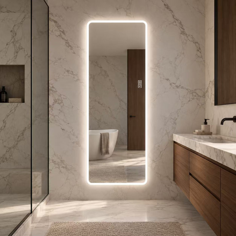 Wall Mounted Full Length LED Mirror with 3 Color Lighting Dimmable Shatterproof 5mm Copper Free Silver Glass Plug In or Hardwired
