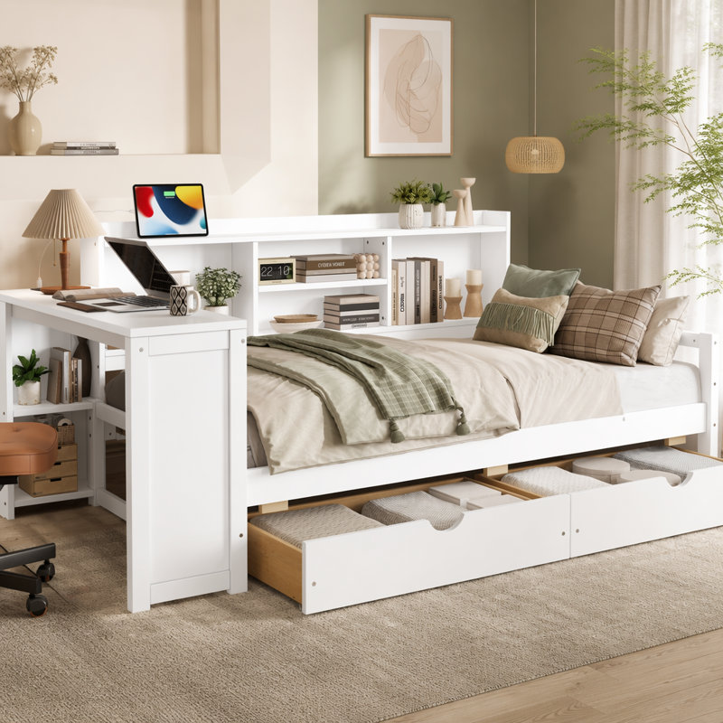 Lit de jour d'angle avec tiroirs de rangement, bureau et port de charge, Blanc