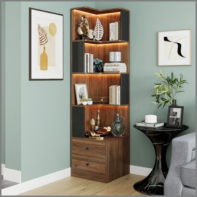 Bibliothèque d'angle avec tiroirs, bibliothèque d'angle à 4 niveaux avec déflecteur, présentoir autoportant en forme de L avec lumières à DEL pour le bureau à domicile, le salon, la chambre à coucher et la cuisine