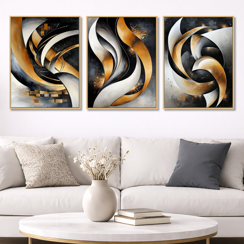 Fractal Waves of Dark Golden Galaxy - ensemble de 3 toiles abstraites encadrées, H 32 po x l 72 po
