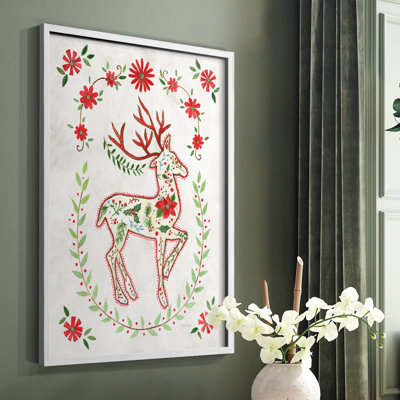 «Christmas Folk Reindeer», reproduction encadrée - bois massif