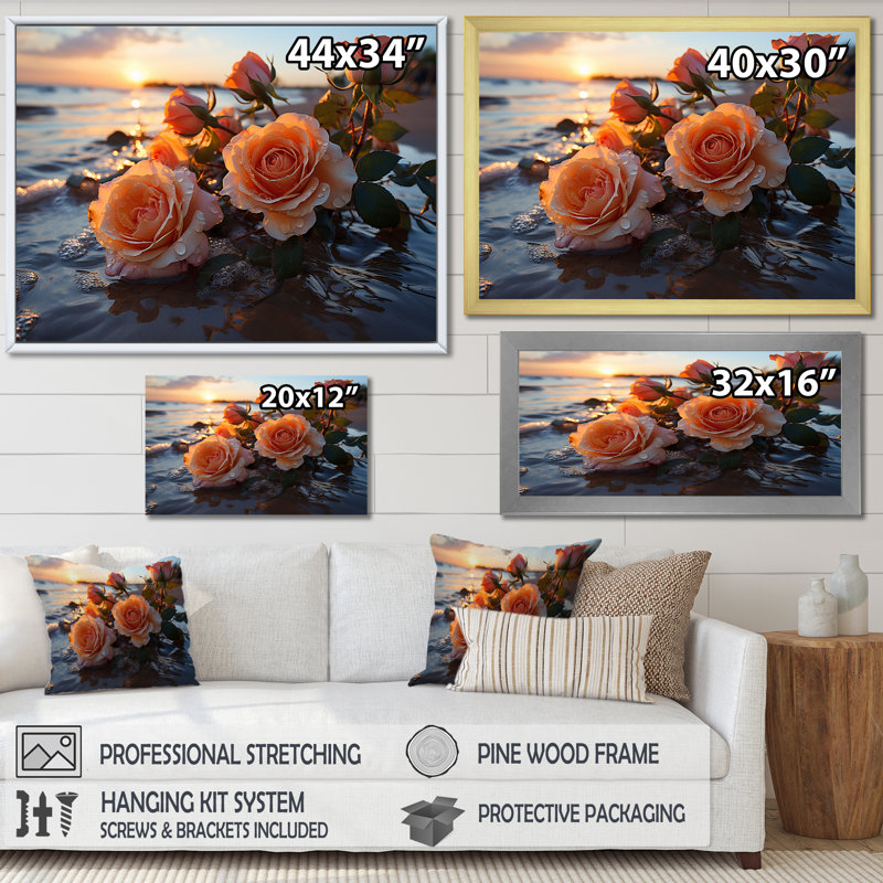 Magnifique coucher de soleil sur la plage de l'océan rose II - Rose, Cadre flottant brun, H 16 po x l 32 po x P 1 po