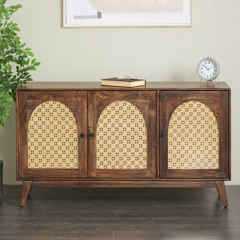 Mango Wood Handmade Rattan 2 Shelf And 3 Door Room Brown Cabinet With Rattan Front
