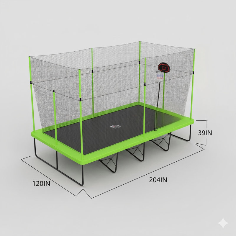 10x17-Foot Rectangular Trampoline with Green Jumping Surface, Frame Made of Black Powder-Coated Galvanized Steel Tubes, Includes Basketball Hoop Attachment and Upgraded Ladder.