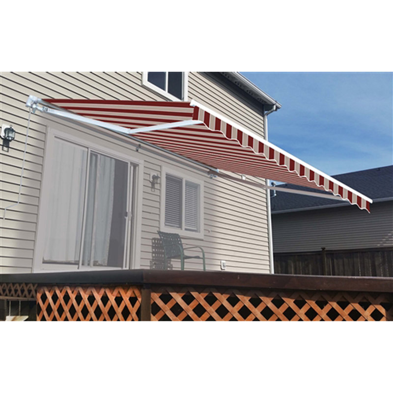 ALEKO Motorized Retractable Outdoor Awning with White Frame, Multistripe Red, 13' W x 10' D