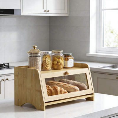 Grande boîte à pain pour comptoir de cuisine avec fenêtre de vue, contenant de rangement en bois de style campagnard avec loquet magnétique et tablette plate