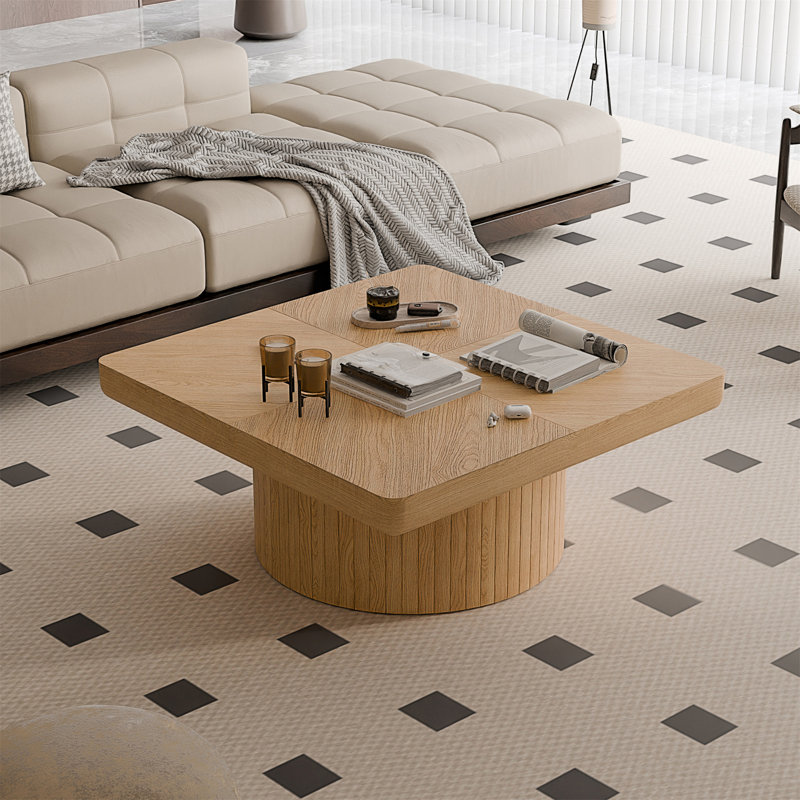 Table basse 34,6 po carrée avec plateau épais et base cylindrique élégante, Natural Wood