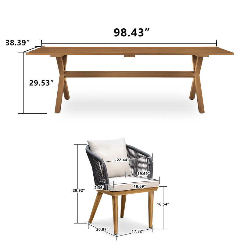 Patio Dining Set Wicker Outdoor Furniture Rectangular Table And Chairs Set, 29.53" H x 38.39" W x 98.43" L, 10