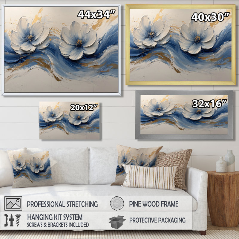 Murphée, velours blanc, bleu, chrysanthèmes, rivière à encre V - Chrysanthèmes, art mural, Cadre flottant, H 16 po x l 32 po