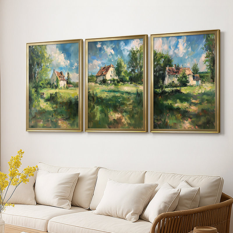 LANDSCAPES Series XCV III - Toile tendue avec châssis sur mesure - 3 pièces, H 30 po x l 63 po, Doré