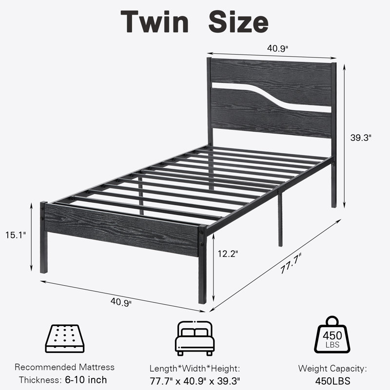 Rumaldo Set of 2 Bed Frame, 2 Pack Twin Size Platform Bed Frame with Wood Headboard, Rustic Farmhouse Industrial Style for Kids, Guest Rooms & Apartments, No Box Spring Needed