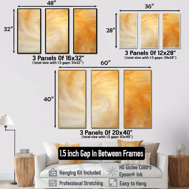 Champagne Sunrise Spiral - ensemble d'art mural spirales abstraites, Cadre flottant noir, H 32 po x l 48 po x P 1 po