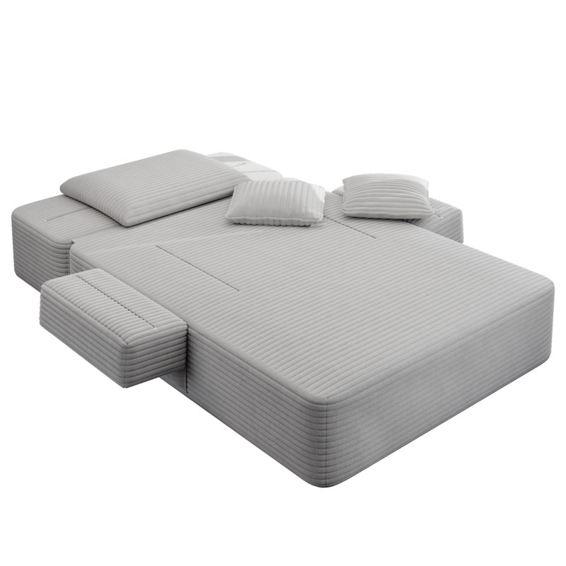 Luxueuse chaise longue en velours côtelé moelleux avec 3 coussins, canapé-lit convertible avec poche de rangement, conception sans cadre et mousse de compression pour les petits espaces, salon, appartement, gris clair