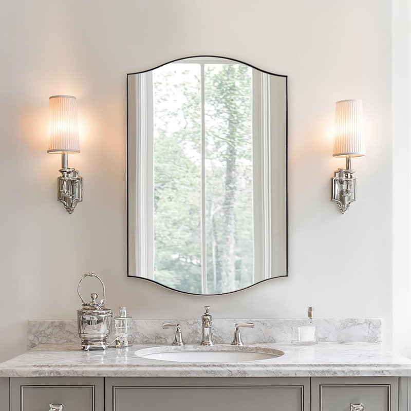 Dual Arch Scalloped Rectangular Bathroom Wall Mirror | Stainless Steel Frame, 36" x 24", Polished Chrome