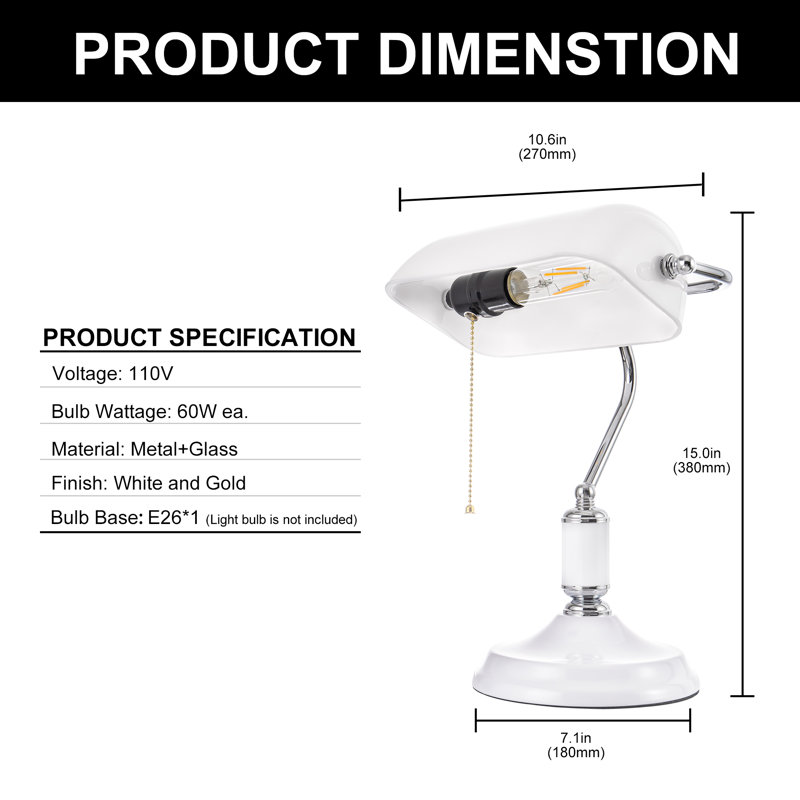 Black Glass Bankers Lamp With Gold Trim And Pull Chain Switch, Adjustable Desk Light For Office, Library, Or Study, White