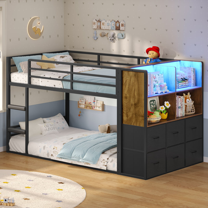 Twin Bunk Beds With Led Lights & Storage, 6 Drawers,twin Over Twin Bunk Bed, Metal Low Bed With Safety Ladder And Guardrail,space Saving